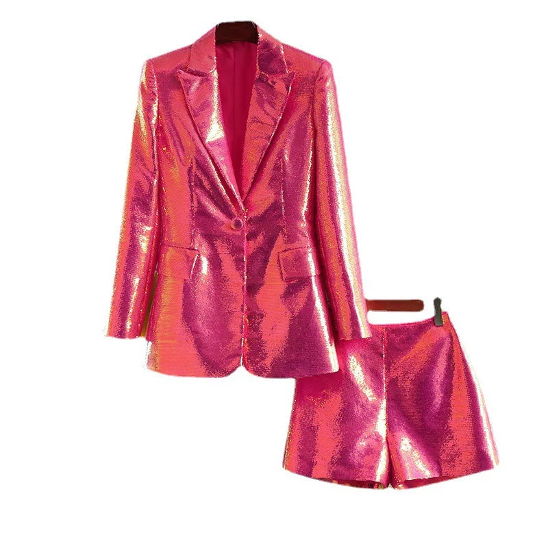 Lady Spring Summer Stylish Office Shinny Suit Single Button Blazer Straight Shorts Sequins Streetwear Women 2Pcs