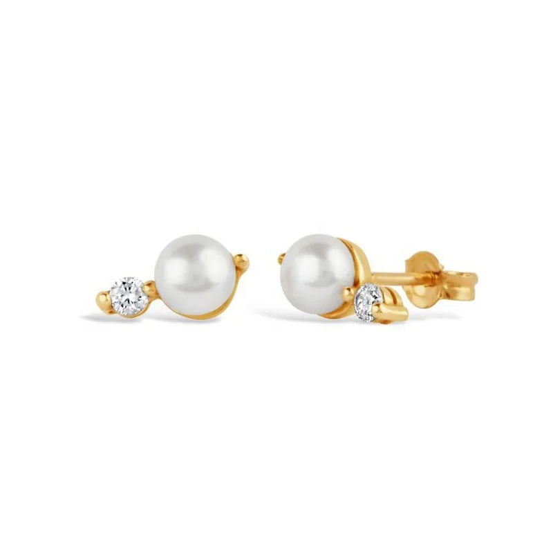 Milskye Mini Fashion Jewelry 925 Silver 18k Gold Plated Diamond Double Freshwater Pearl Stud Earrings