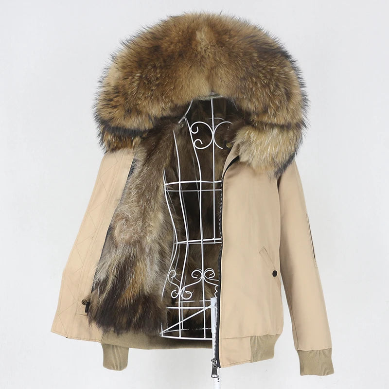OFTBUY 2023 Women's Waterproof Bomber Parka Natural Raccoon Fur Collar Hood Real Fox Fur Coat Zipper Long Winter Jacket