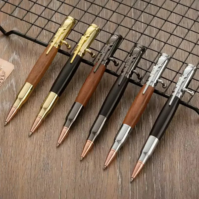 SHULI New Solid Bar Brass Pen Kits Wood Barrel Personalized Rifle Clip Gun Shaped Spanner Wooden Pen Bolt Action Revolver Pen