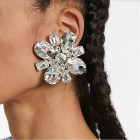 Luxury Floral Shiny Clear Crystal Drop Earrings Large Square Stud Exaggerate Bridal Wedding Statement Jewelry Gold for Parties