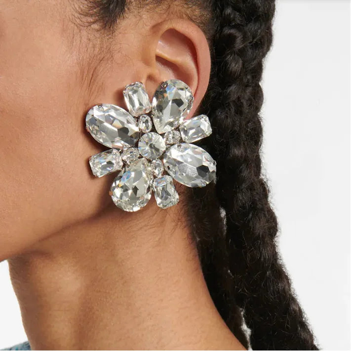 Luxury Floral Shiny Clear Crystal Drop Earrings Large Square Stud Exaggerate Bridal Wedding Statement Jewelry Gold for Parties