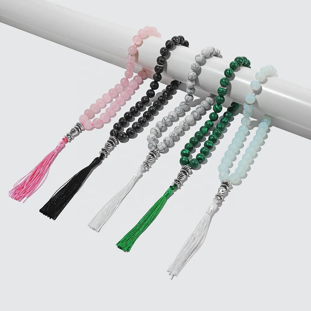 33Pcs 10Mm Agate Crystal Gemstones Tibetan Silver Tassel Pendant Rosary Muslim Bracelet Prayer Beads Tasbih