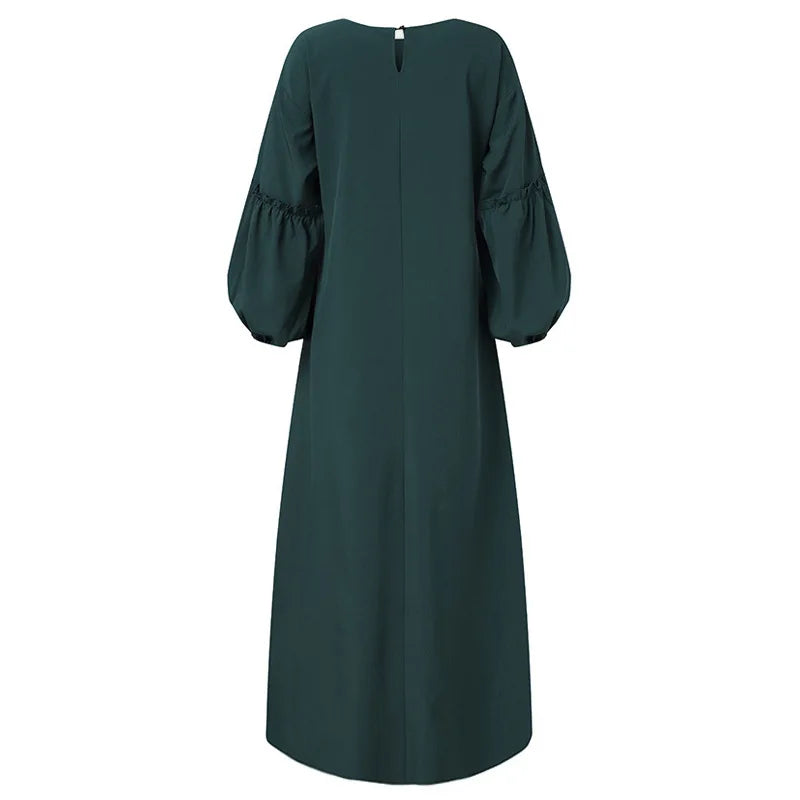 S-2XL Summer Plus Size Muslim Dress Solid Color Patch Stretch Dress Long Sleeve Crew Neck Robe Sashes Dress 30%