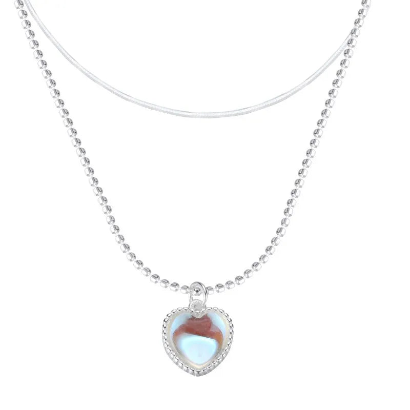 Aurora Love Double Necklace Women's Sterling Silver Link Chain Zircon Heart Pendant Cute Wedding Jewelry