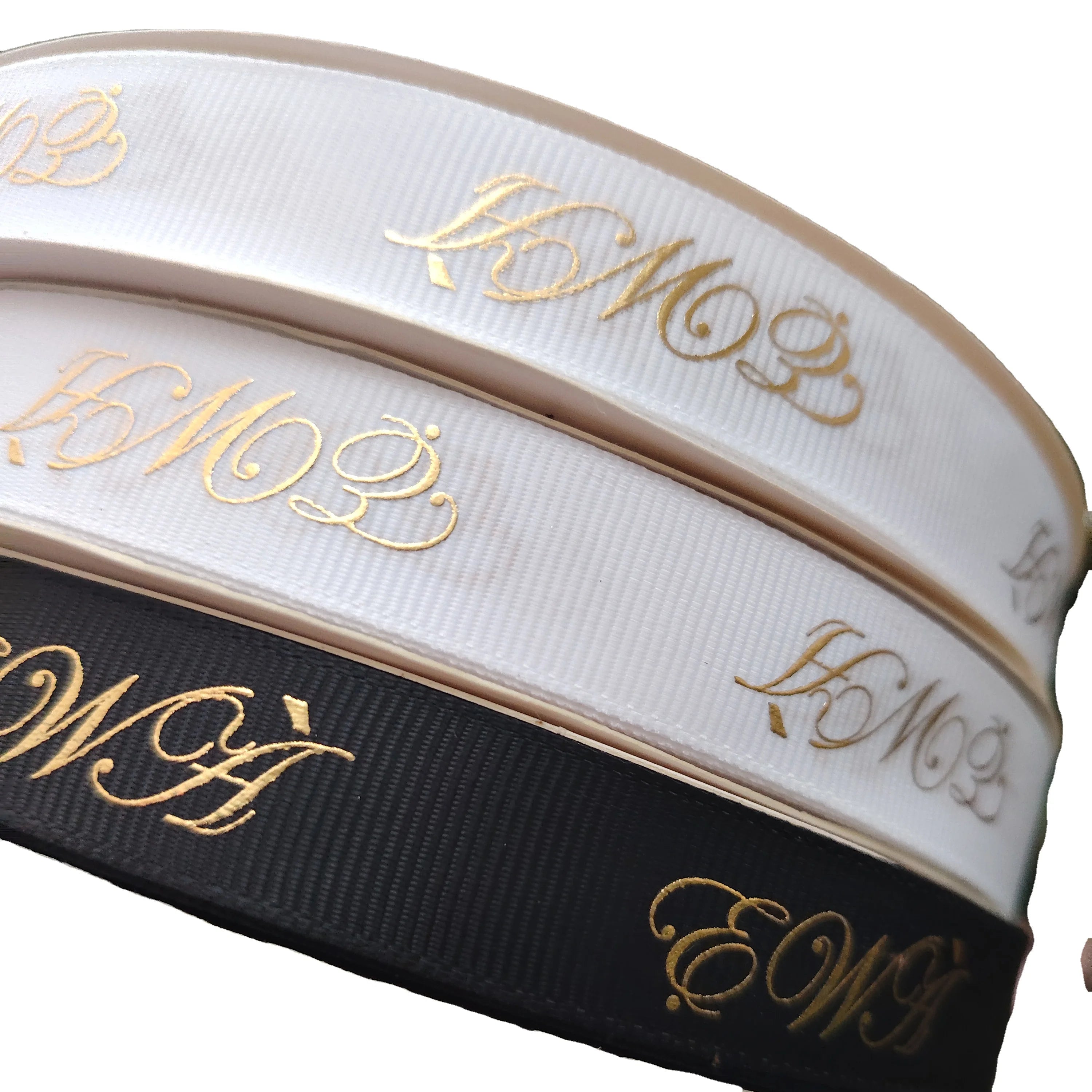 Customized 100% Polyester Double Face Grosgrain Embossed Logo Brand Gift Ribbon Gold Foil Printed Black Fabric Roll Pattern