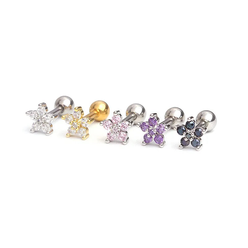 Trendy Women's Mini Earrings Dainty Barbell Ear Helix Conch Rook Piercing CZ Stud Small Tragus Earring Flower Cartilage Zircon