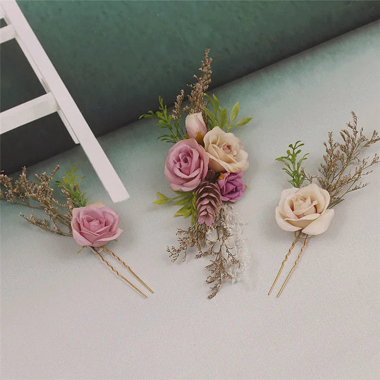 3PCS Women U-shaped Pin Metal Barrette Clip  Simulated Flowers Bridal Tiara Hair Accessories Wedding Hairstyle Design Tools