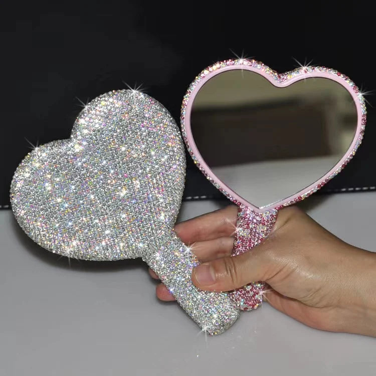 Factory Price Heart-shaped Handle Makeup Mirror with Rhinestone Elliptical Hand-held Vanity Mirrors square Mirror Custom logo