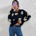 Wholesale Factory Price Floral Pattern Woman Sweaters Drop Shoulder Knit Round Neck Lantern Sleeve Custom Sweater