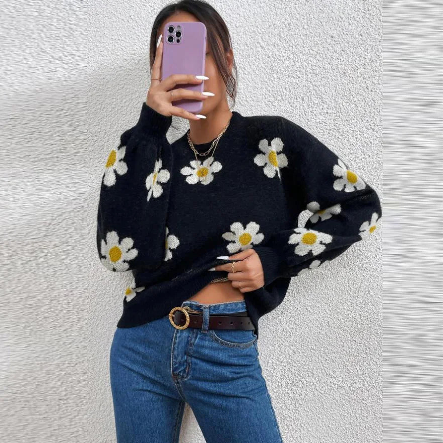 Wholesale Factory Price Floral Pattern Woman Sweaters Drop Shoulder Knit Round Neck Lantern Sleeve Custom Sweater