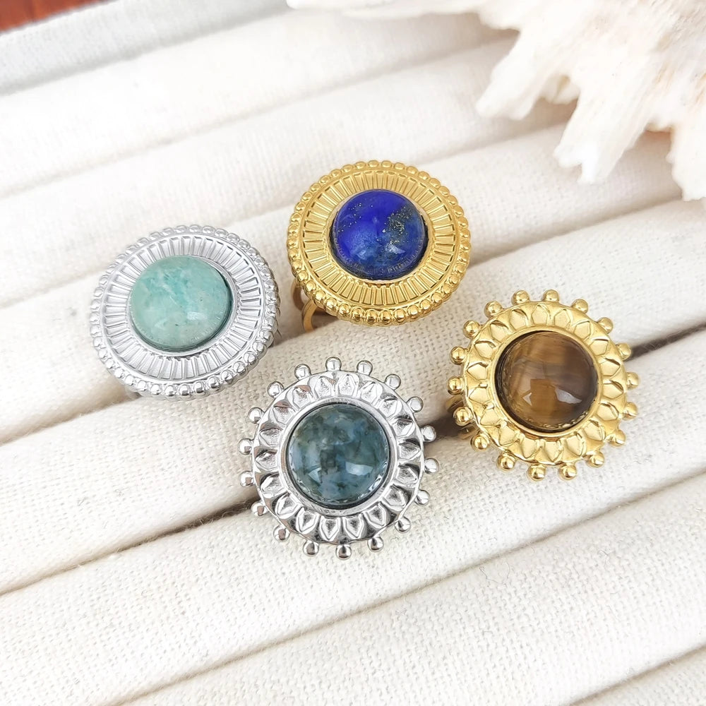 New Arrivals 18K Gold Plated Stainless Steel Natural Stone Moss Agate Amazonite Tiger Eye Lapis Lazuli Open Ring for Women Party