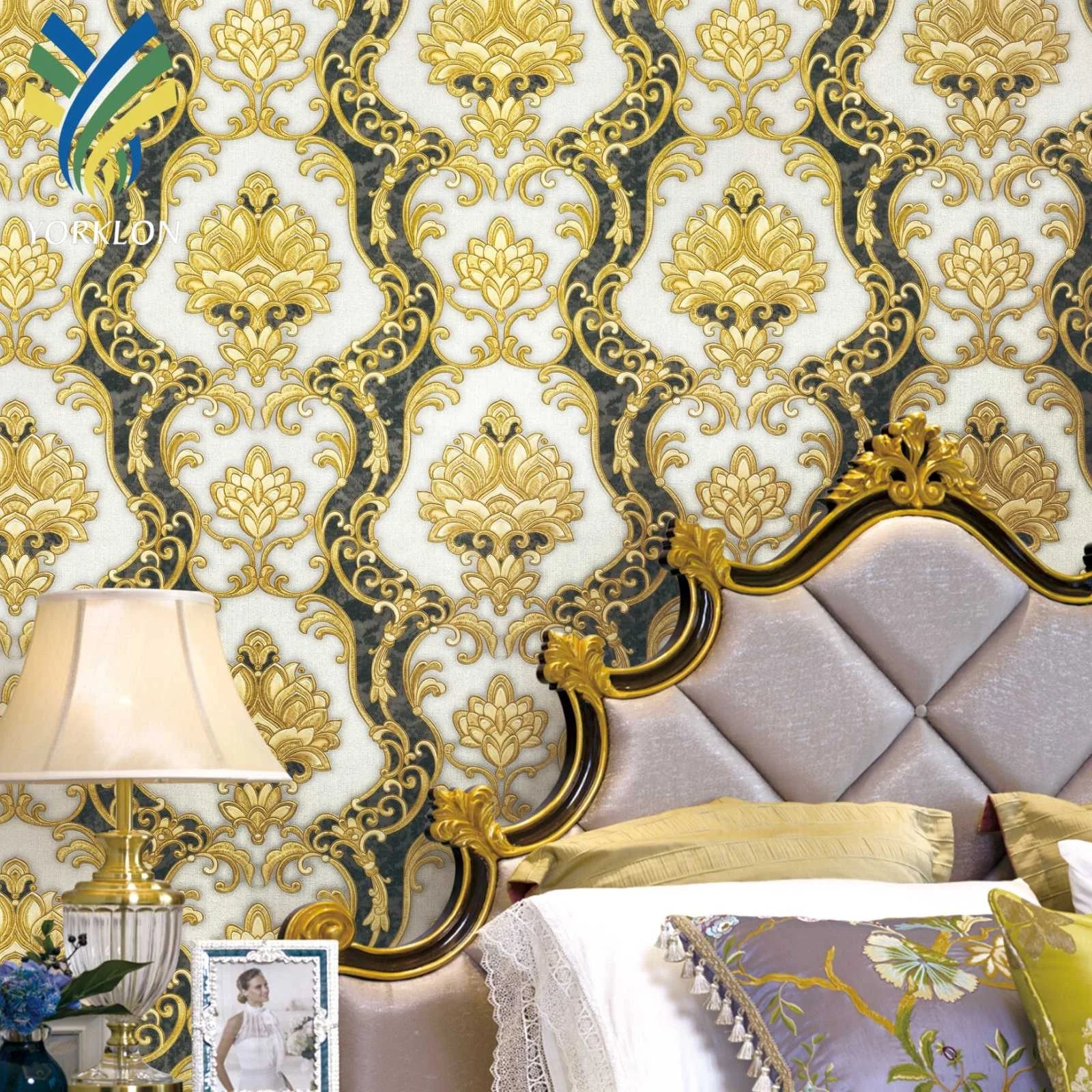 YT-VF 788 Luxury European Gold Damascus Floral Flower 3D Damask Vinyl Wallpaper Modern Home Decoration White Black Waterproof