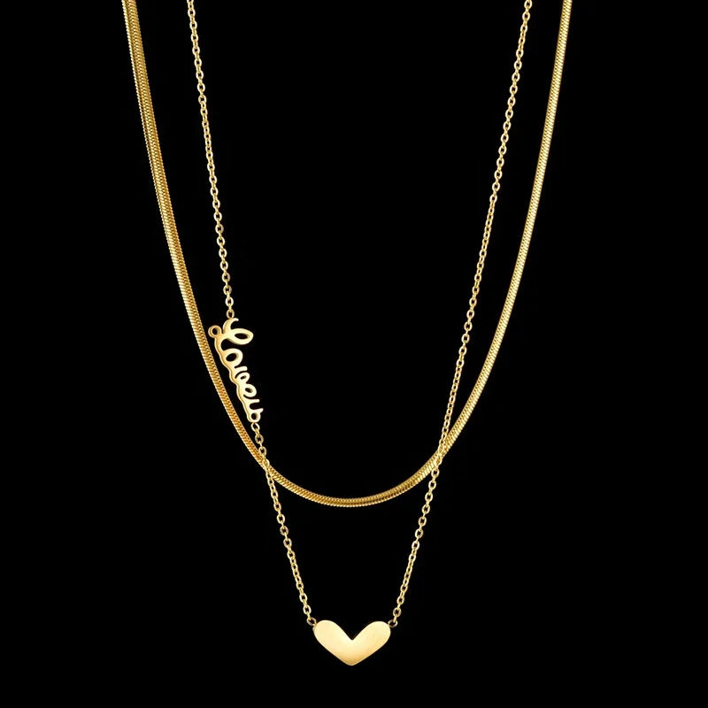 Hot Sale Women Stainless Steel Double Layered Letter Heart Necklace Clavicle Chain Necklace
