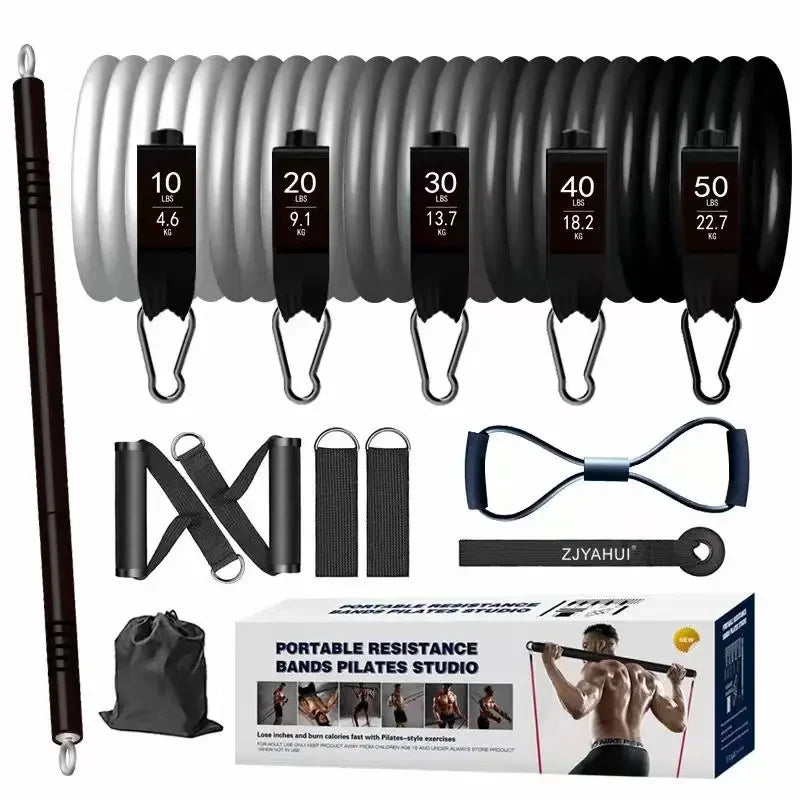 CHENGMO SPORTS 11PCS Resistance Bands Set with Workout Bar Pilates Bar Kit Exercise Elastic Bands with Handles and Door Anchor