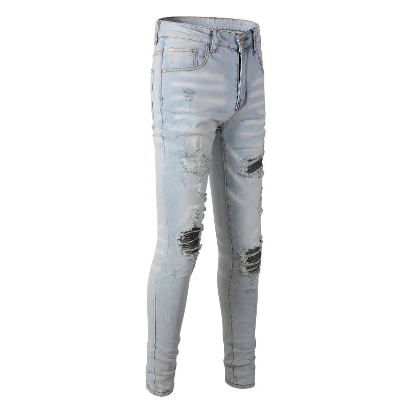 Wholesale Blue Leather Patch Men's Denim Jeans Distressed Skinny Damaged Tapered Ripped Slim Fit Plus Size Vintage Hip Hop