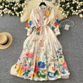 2025 Spring Retro Resort Style Stand Collar Single Breasted Elegant Puff Sleeve Pleated Long Print Dress