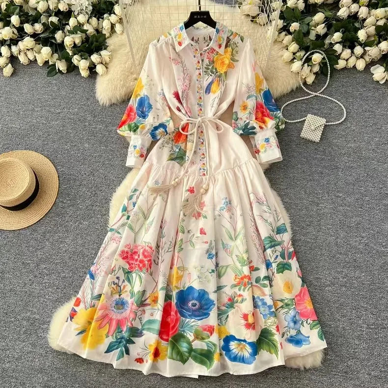 2025 Spring Retro Resort Style Stand Collar Single Breasted Elegant Puff Sleeve Pleated Long Print Dress