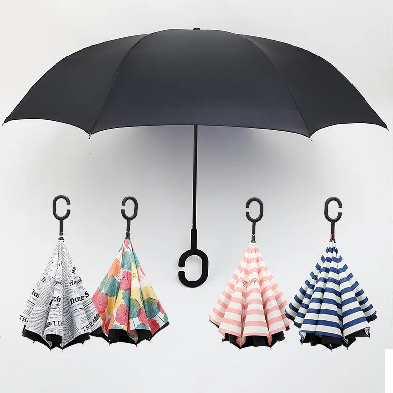 Double Fabric Windproof C Shape Handle Upside Down Inverted Reverse Rain Umbrella for Gifts