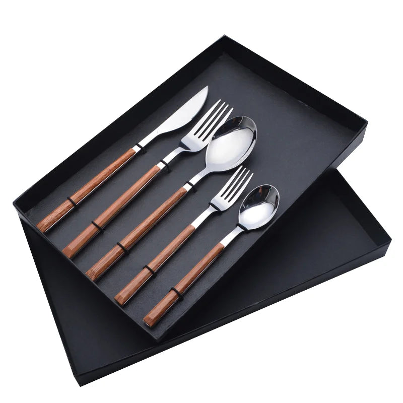 Golden Restaurant Stainless Steel Flatware Set Wooden Handle 24pcs Sustainable Tableware Weddings Parties Knife Spoon Silverware