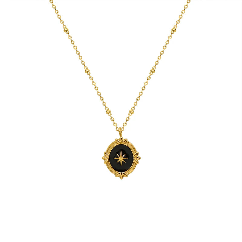 Retro Palace Style Texture Six Star Awn Necklace Titanium Steel Plated 18K Gold Jewelry