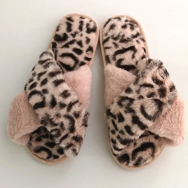 Women's Indoor Fluffy Leopard Faux Fur for Slippers Open Toe Cross Strap Design Soft Comfortable Winter Warmth for House Use Lad