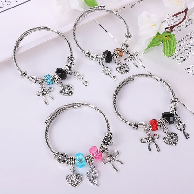 2024 Summer Season Girls Cute Heart butterfly Key Pendant Beads Girls Charm Bracelets Bangle