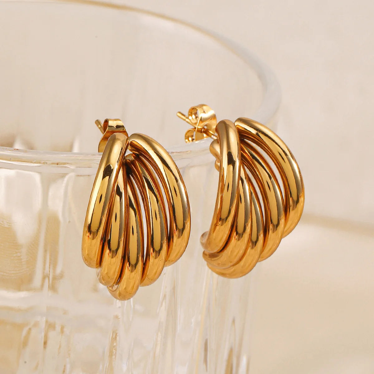 18k Gold Plated Five Layers Pipe Organ CC Shape Stainless Steel Stud Earrings for Ladies Gift
