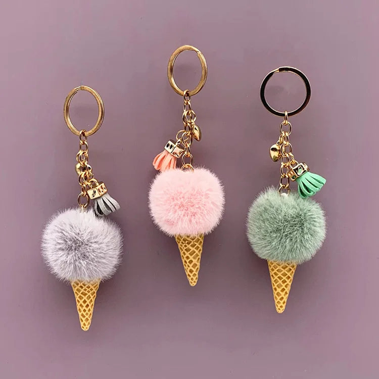Fashion Cute Mini Ice Cream Key Ring With Tassel Student Fluffy Pom Pom Velvet Plush Keychain for Girls Bag Decoration Gift