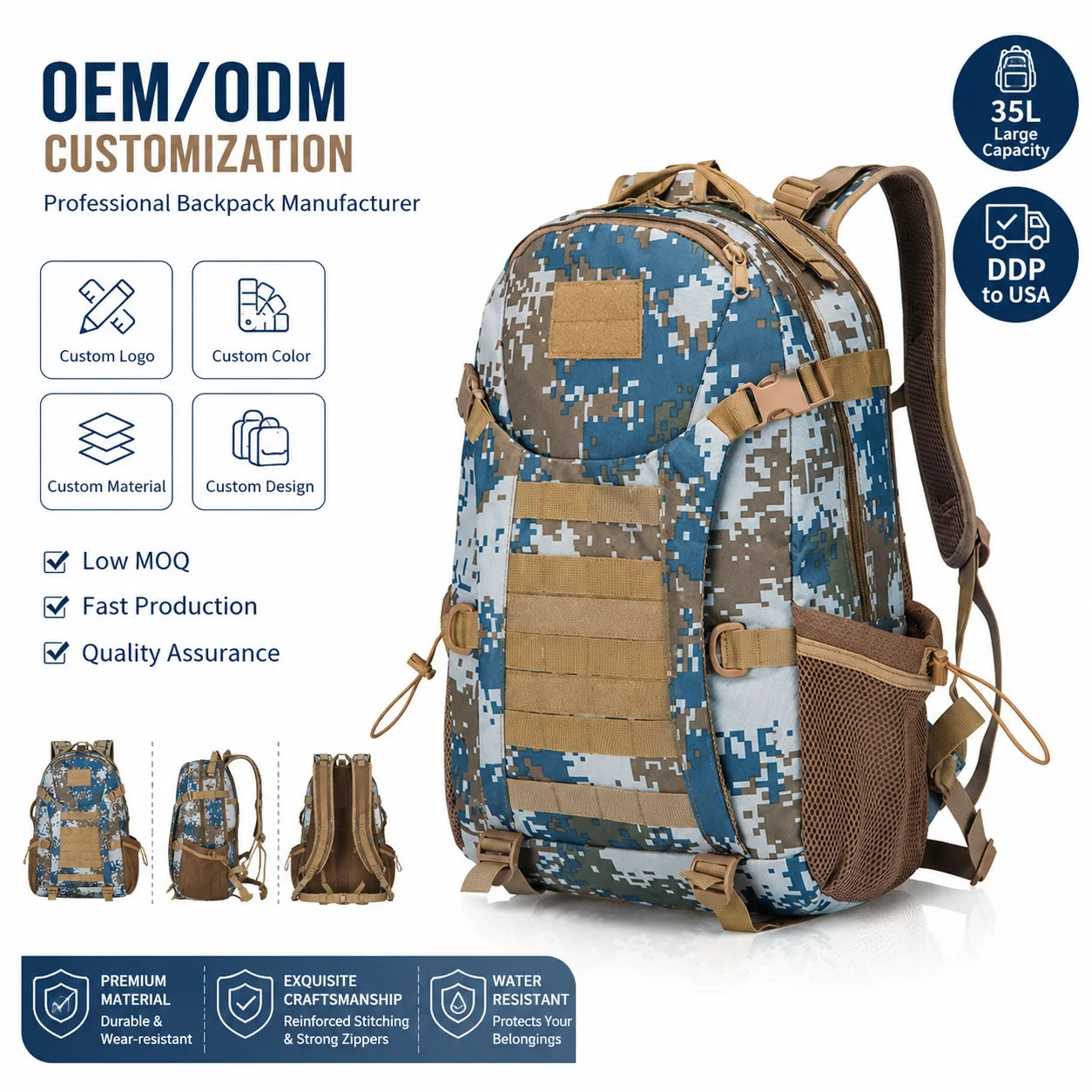 Custom Logo 35L Fitness Tactical Backpack Low MOQ Professional Waterproof Outdoor Daypack with DDP US/EU Factory Direct