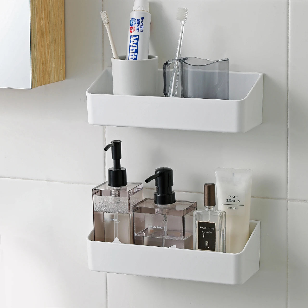 SHIMOYAMA Plastics Bathroom  Kitchen Wall Mounted Organizer  Storage Rack Shelf With Self Adhesive