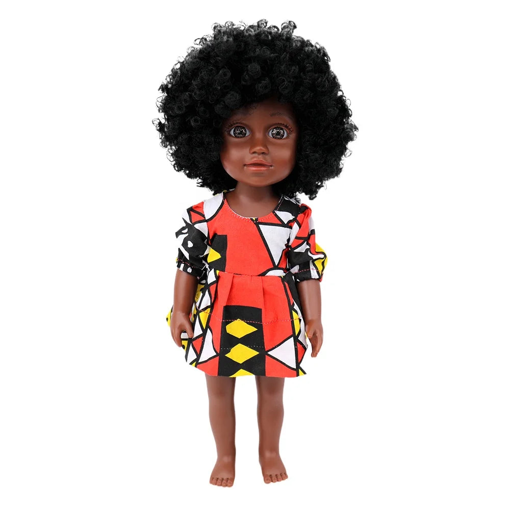 Factory Price 35cm African Black Skin Baby Doll Soft Vinyl Toys for Children Afro Style Silicone with Plastic Clothes for Play