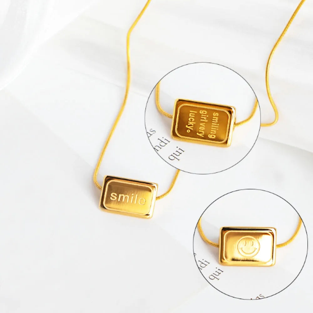Women Fashion Trending Stainless Steel 18k Gold Plated 3d Triangle Pendant Smile Face Smiling Girl Lucky Minimalist Necklace