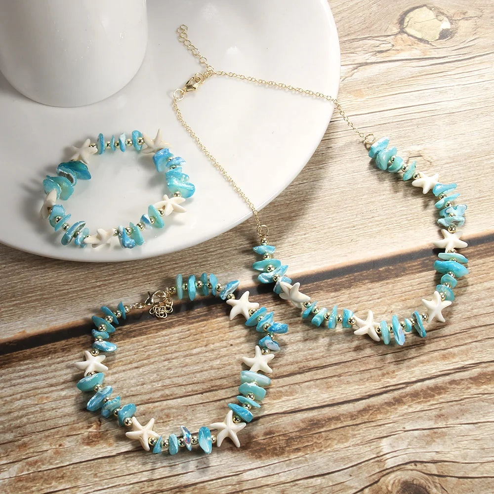 Vacation Ocean Style Women's Jewelry Set Blue Shell Rose Quartz Turquoise Starfish Beaded Chain Necklace Ankle Elastic Bracelet
