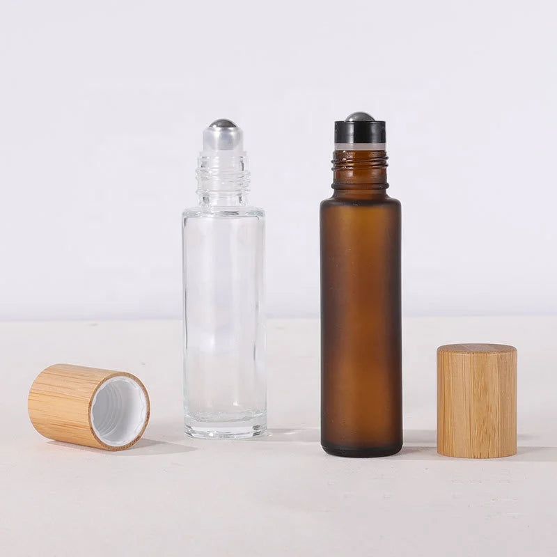 In Stock Frosted Glass Roll on Bottle 15ml Perfume Glass Bottles With Stainless Steel Roller Ball and Bamboo Cap
