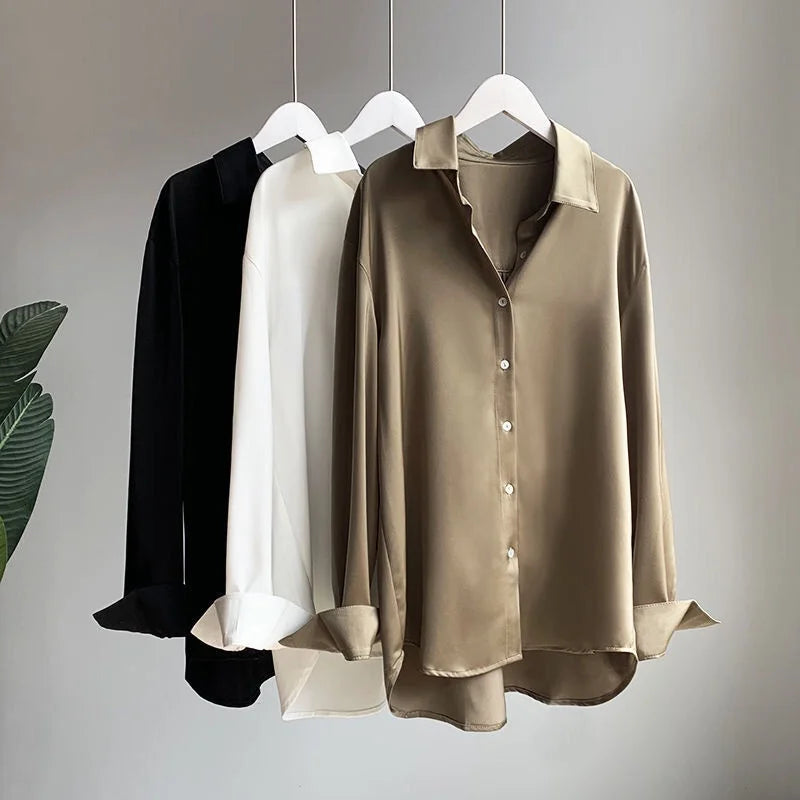 Women's Elegant Retro Korean Style Satin Drape Shirt Long Woven Office Appropriate Spring and Autumn Casual Fashion