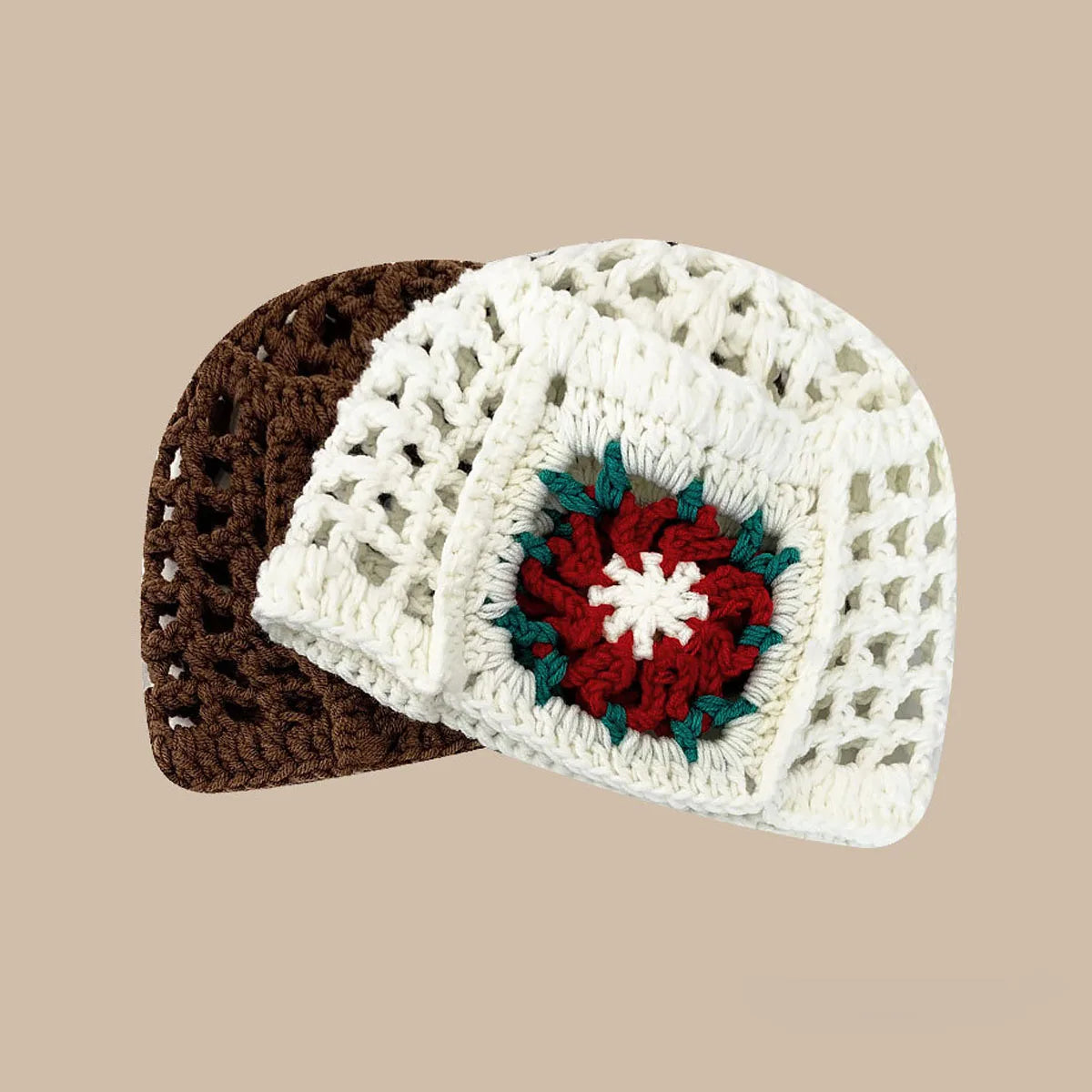 Custom Handmade Women's Floral Hollow Mesh Checkered Crochet Beanie Hats Fashionable Knitted Flower Design Casual Cycling Daily