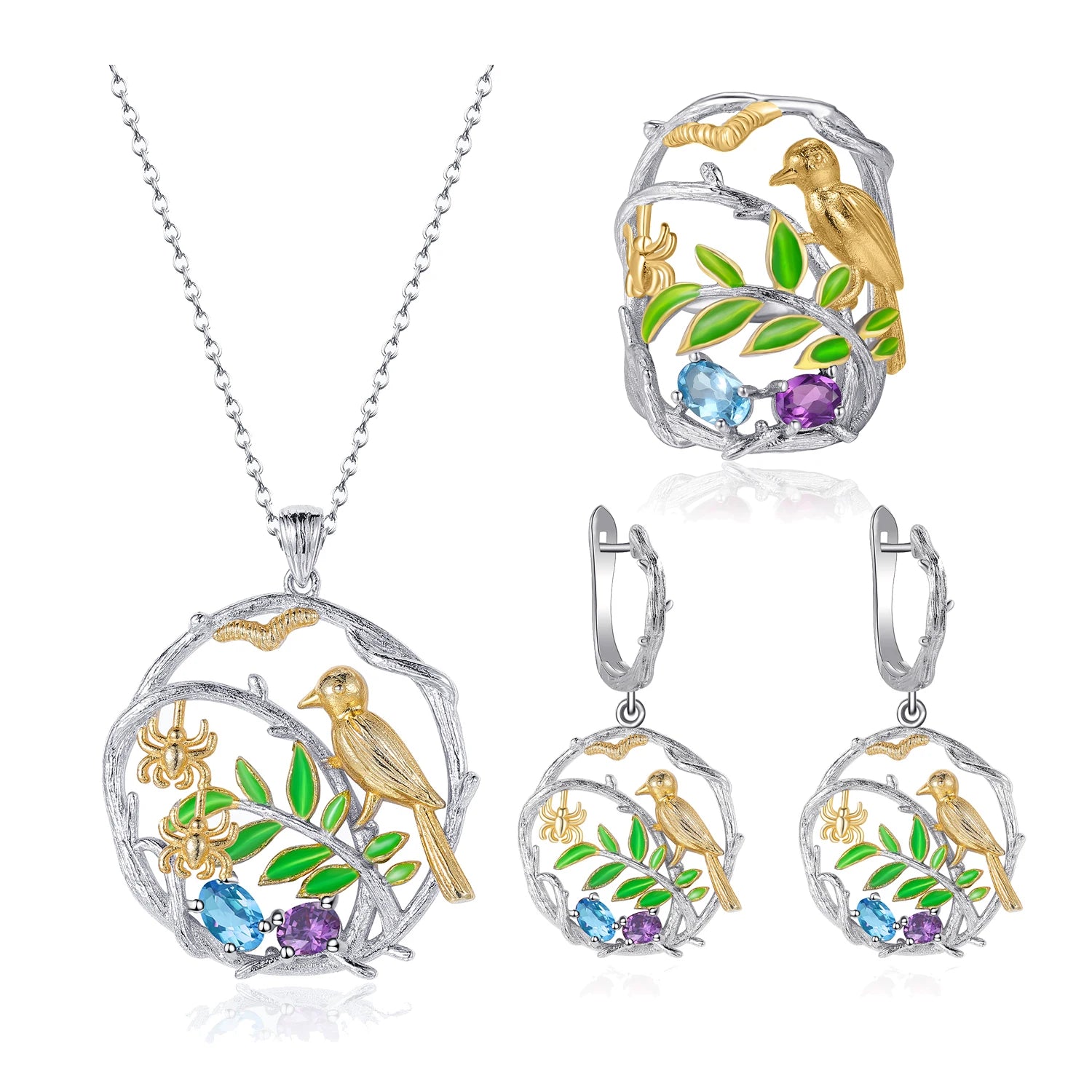 C7926 Abiding Wholesale Leaf Natural Swiss Blue Topaz Amethyst Mix Gemstone 925 Sterling Silver Fine Wedding Jewellery Set