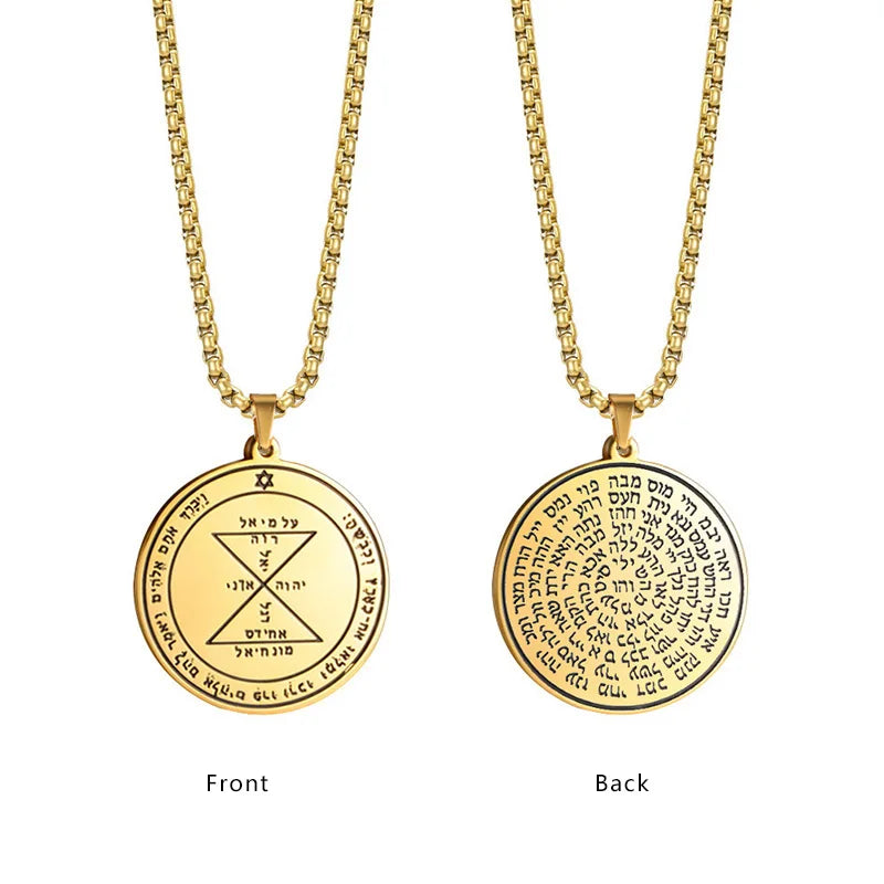Vintage Double Side Key of Solomon Lord's Prayer Pendant Necklace Wiccan Jewelry Men Stainless Steel Necklace 18k Gold Plated