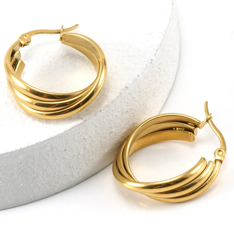 18K Trendy Stainless Steel Multilayer Twisted Metal Women Earrings Ins Design Jewelry