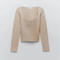 Full Sleeve Sweetheart Nece Line Ribbed Knit Sexy Sweater Elegant Side Women Clothing
