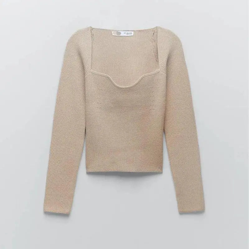 Full Sleeve Sweetheart Nece Line Ribbed Knit Sexy Sweater Elegant Side Women Clothing