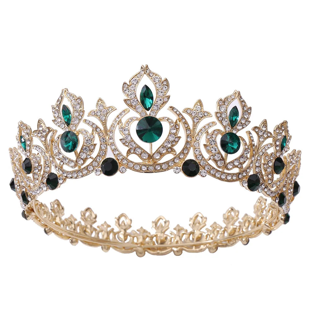 Fashion Full Gold Silver Tiara Green Crystal Golden Pageant Crowns Custom Made Trendy Elegant Wedding Party Gift Box Available
