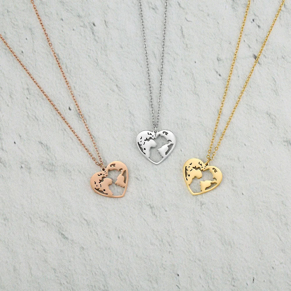 2025 Custom Stainless Steel Heart Map Necklace for Women Gold Plated Earth World Map Pendant