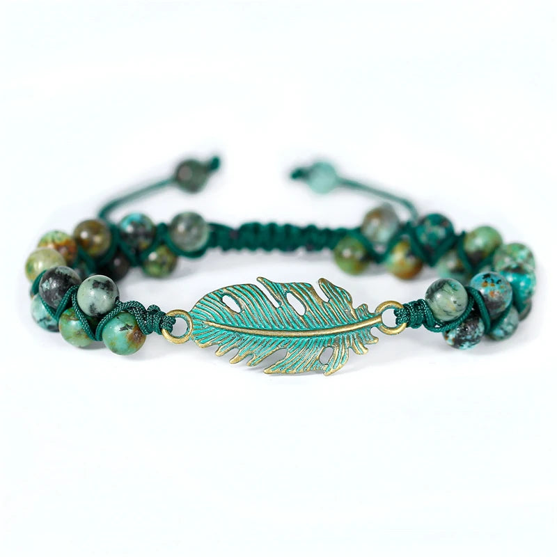 YueTong Leaf Charm Bracelet African Turquoise Beads Braided Bracelet Yoga Friendship Lover Bracelet Boho Jewelry Wholesale