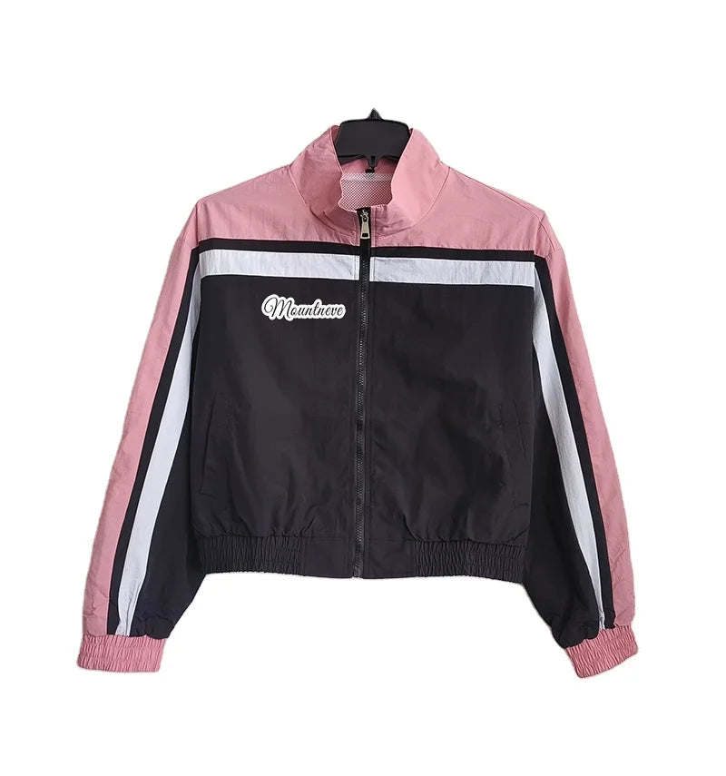 Custom Women Tracksuit Jacket Polyester Breathable Windproof Autumn Patchwork Design Sport Activewear Hooded Outerwear Coat