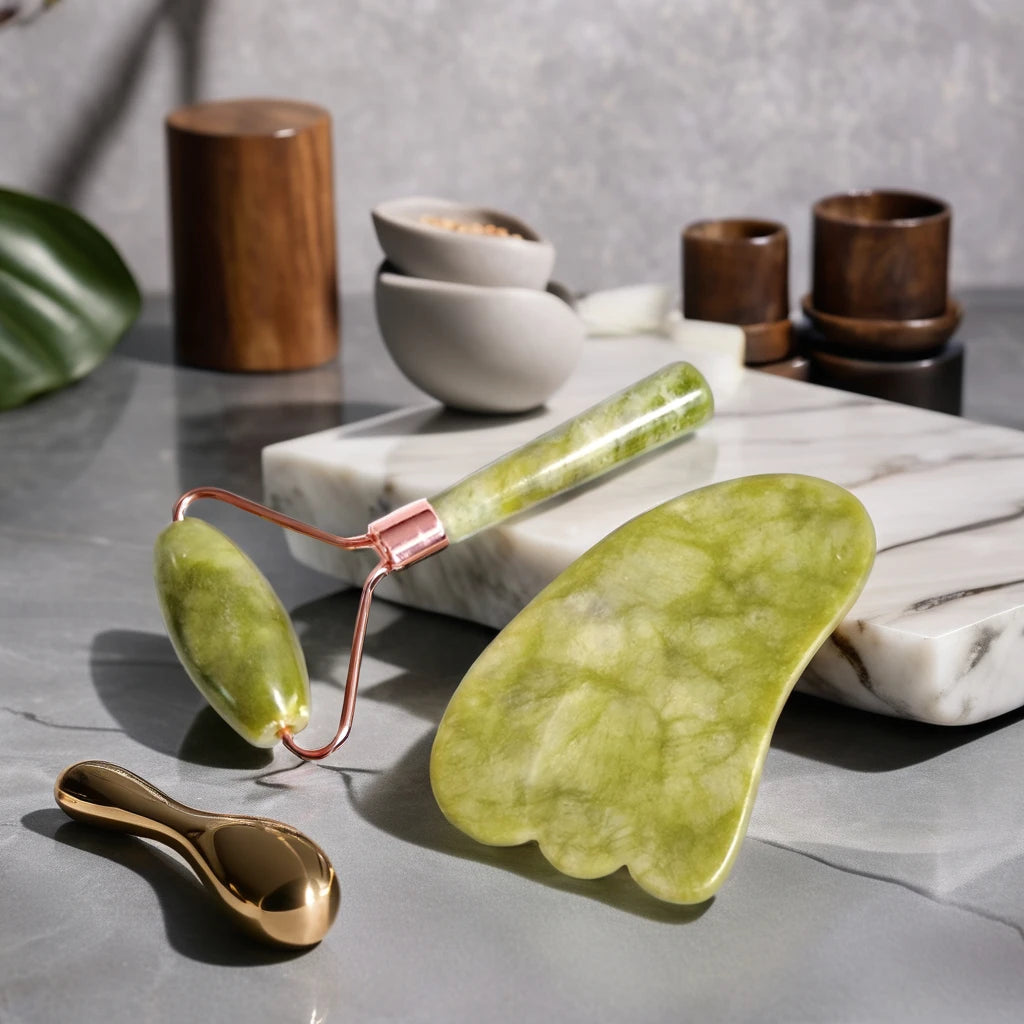 HZ Custom Logo XIUYAN JADE Facial Jade Stone Massage Roller Set Gua Sha Tool with Crystal Material Face Gift