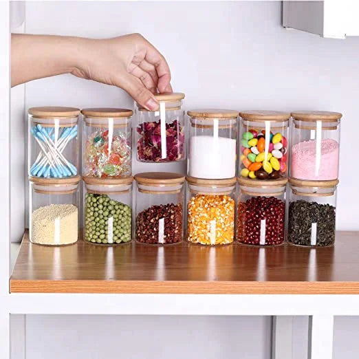 Wholesale High Borosilicate 10cm Airtight clear Glass Storage Jar Bamboo Lid