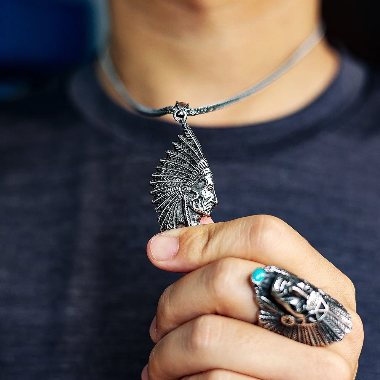 Ready to Ship Punk Skull Jewelry Stainless Steel Vintage Beaded Skeleton Skull Chief Pendant Necklace for Men Women