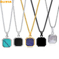 Fashion Fine Jewelry Necklace 18K Gold Square Turquoise White Shell Black Oil Pendant Stainless Steel Lapis Lazuli Necklace Men
